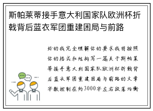 斯帕莱蒂接手意大利国家队欧洲杯折戟背后蓝衣军团重建困局与前路